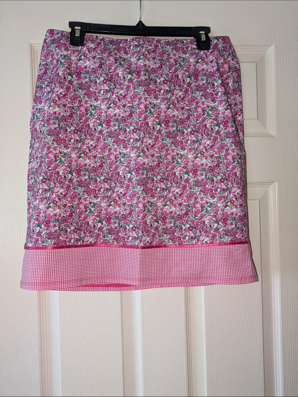 Women's Pink Floral Skirt with Gingham Trim